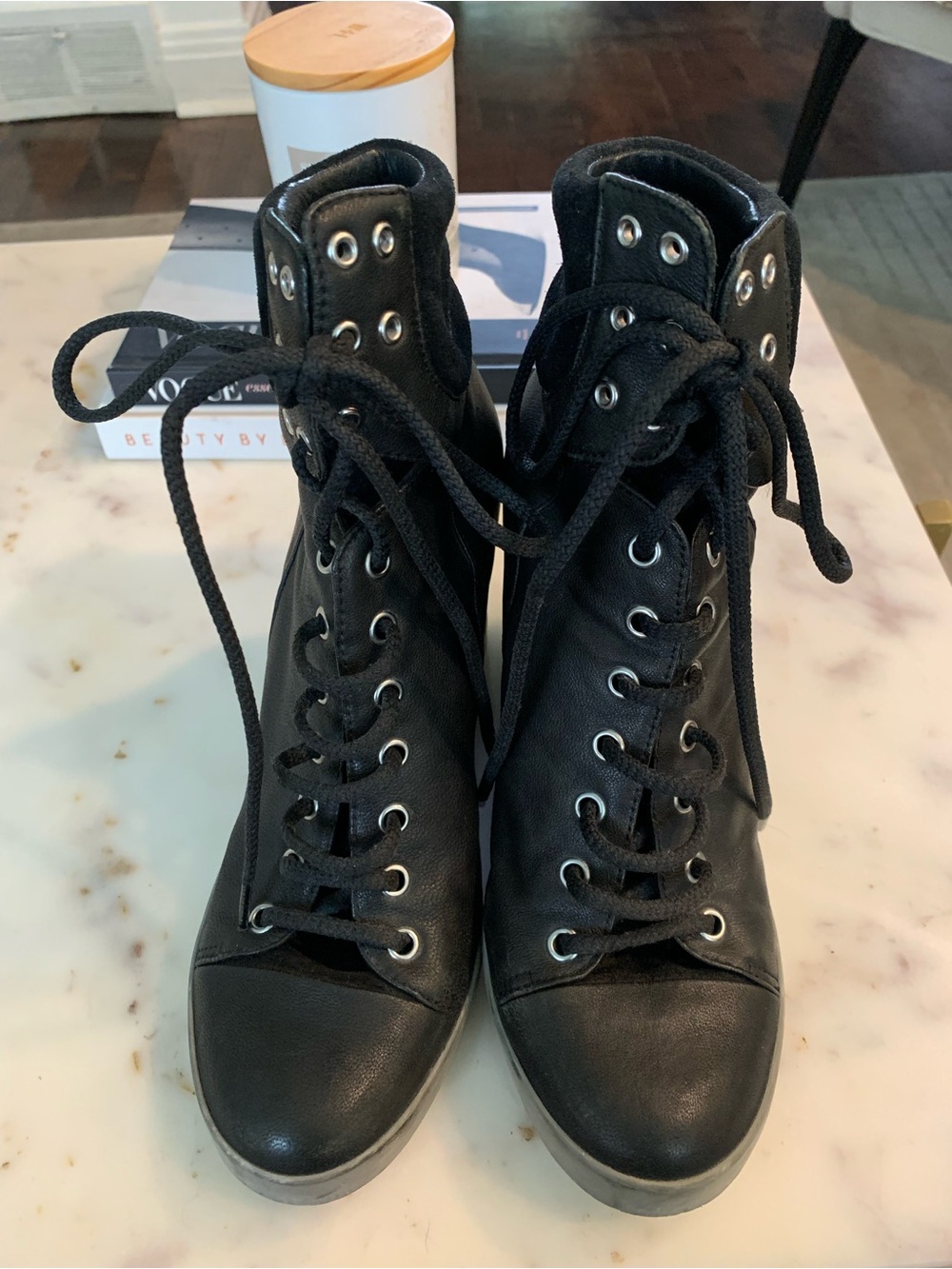 See By Chloe black leather lace/up wedge booties. Size 38